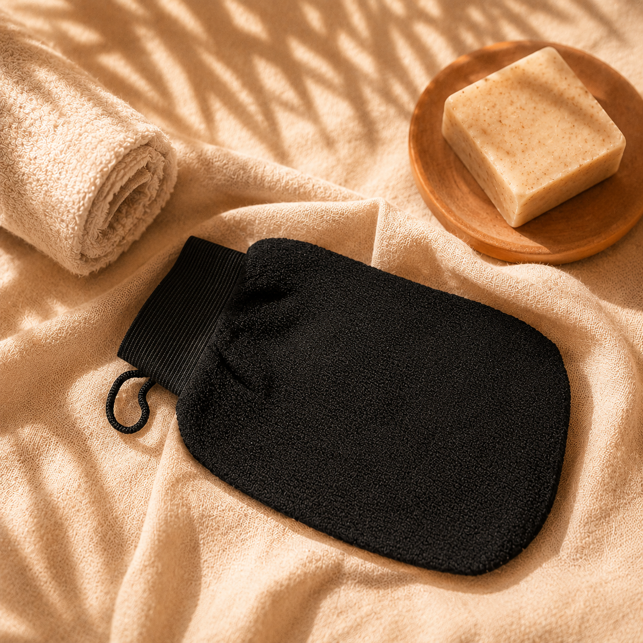 Sundipt Tan Prep Mitt folded on cream linen with natural soap and rolled towel — flat-lay