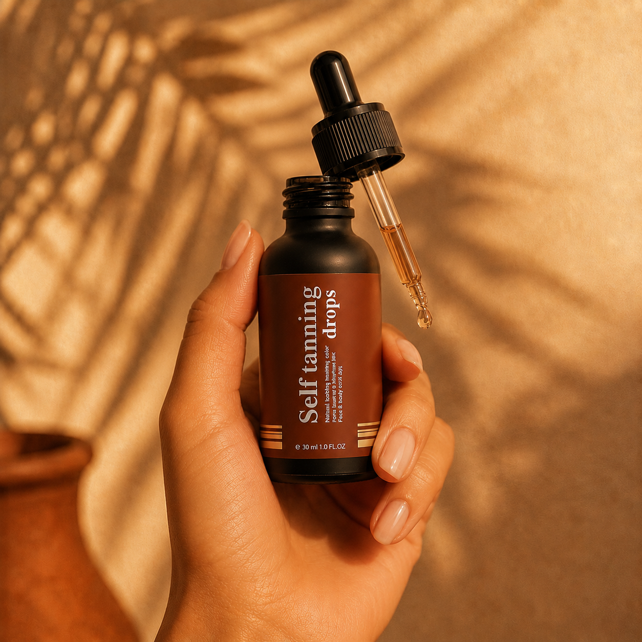 Sundipt Self-Tan Drops held in hand with dropper extended, golden-hour light