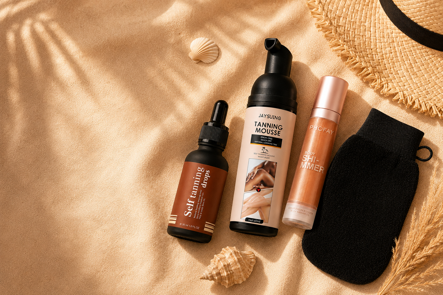 Sundipt Everything Kit — full product lineup: Drops, Mousse, Glow Oil and Mitt on warm cream linen