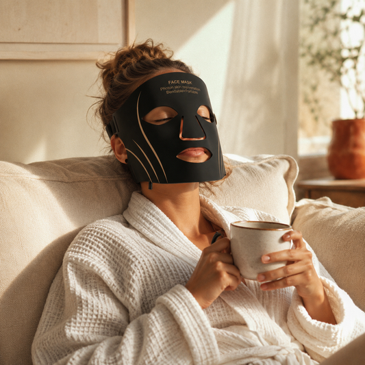 Woman relaxing on linen sofa in robe with coffee wearing the Sundipt Glow Mask — hands-free 10-minute ritual