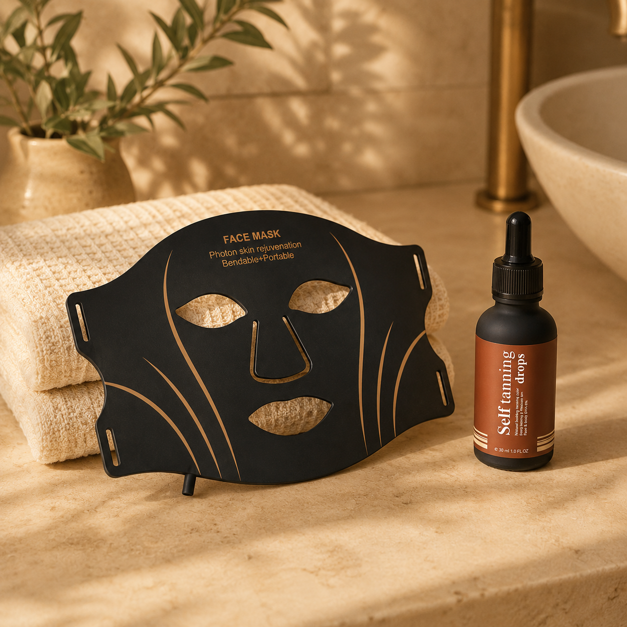 Sundipt Glow Mask on travertine vanity with towels and Self-Tan Drops — the full glow ritual