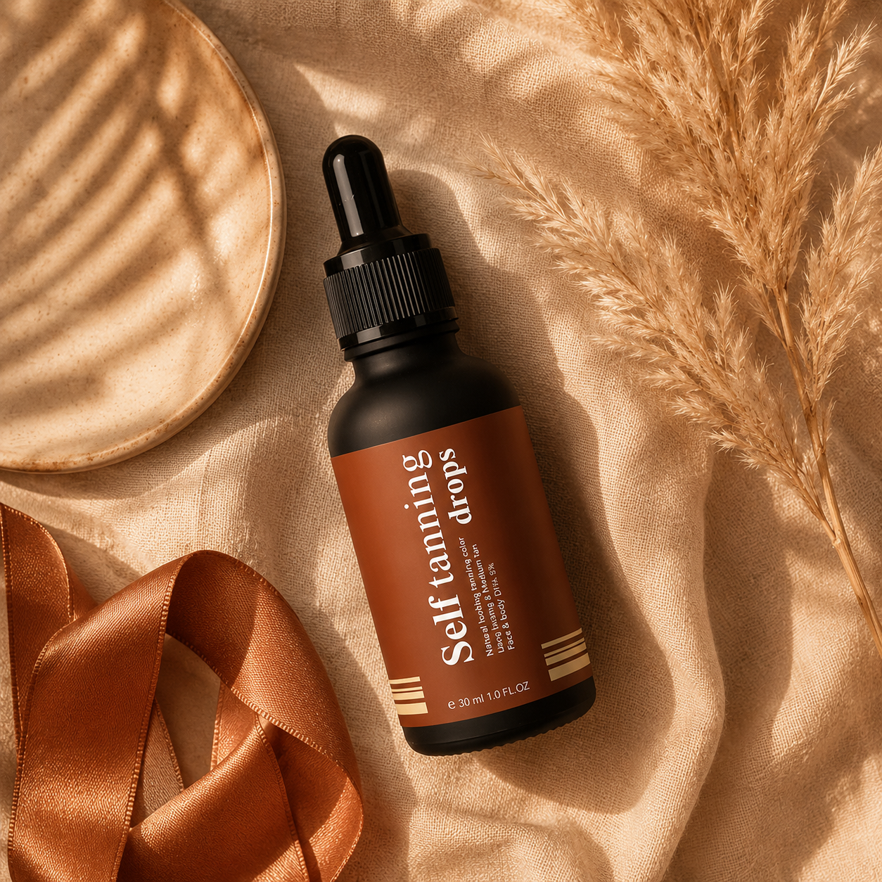 Sundipt Self-Tan Drops on cream linen with silk ribbon and pampas — editorial flat-lay