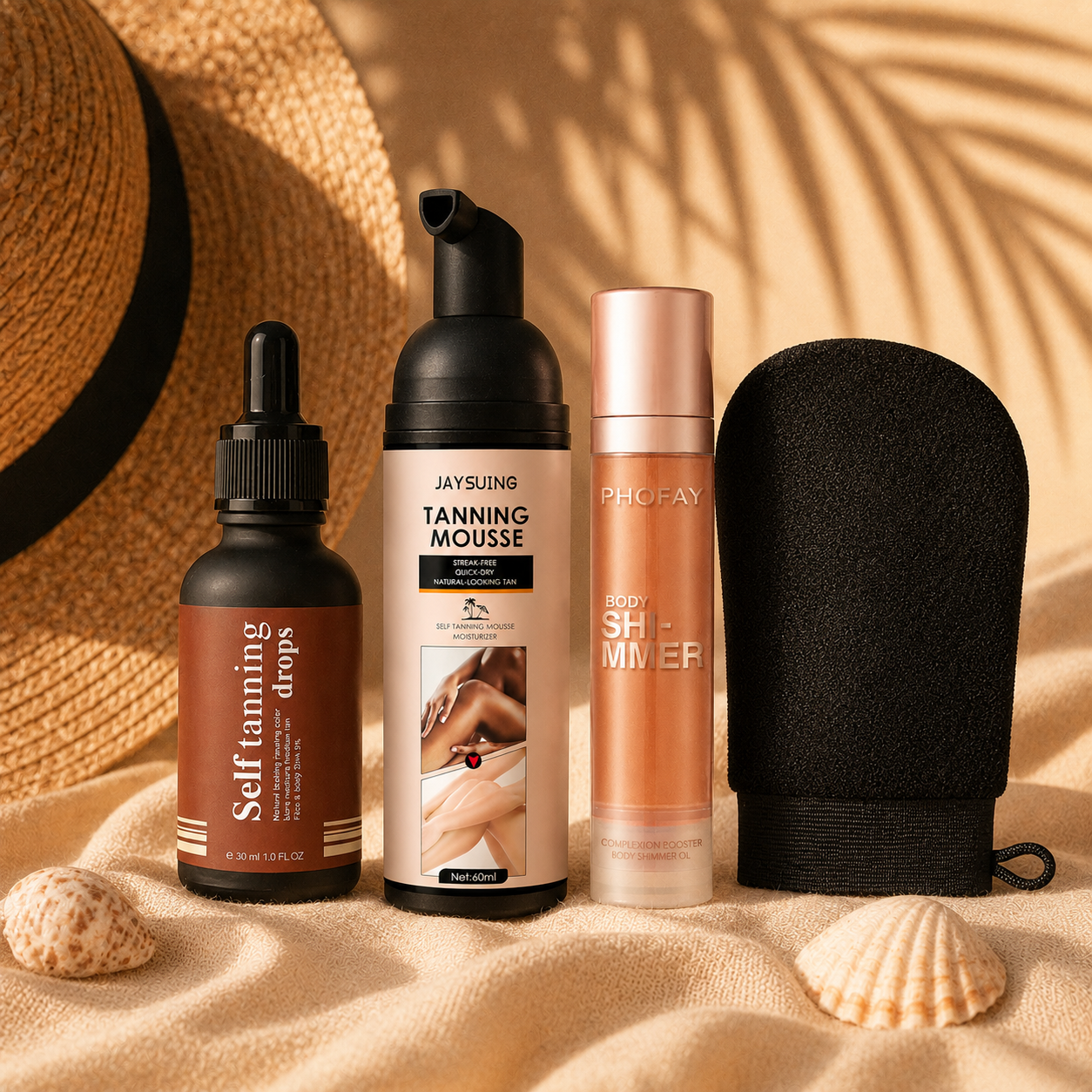 Sundipt Summer Glow Kit styled on sand with straw hat and seashells — editorial bundle