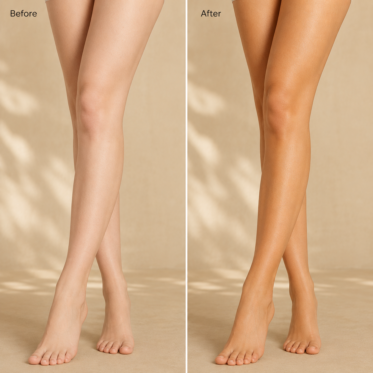 Sundipt Gradual Tan Mousse before and after — natural golden glow on legs