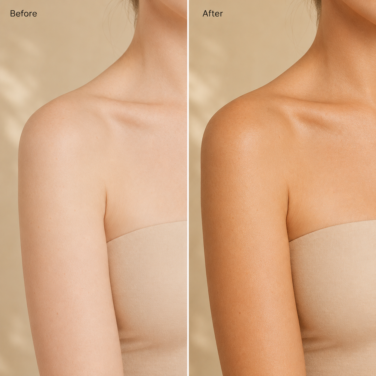 Sundipt Self-Tan Drops before and after — natural sun-kissed glow on shoulder and collarbone