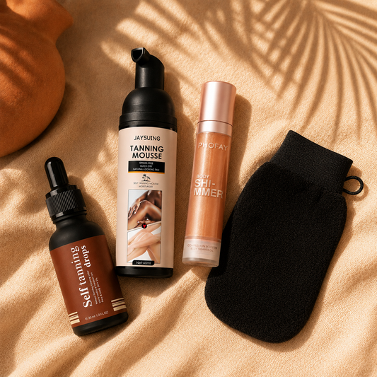Sundipt Summer Glow Kit — Self-Tan Drops, Gradual Tan Mousse, Glow Oil, and Tan Prep Mitt on warm cream linen