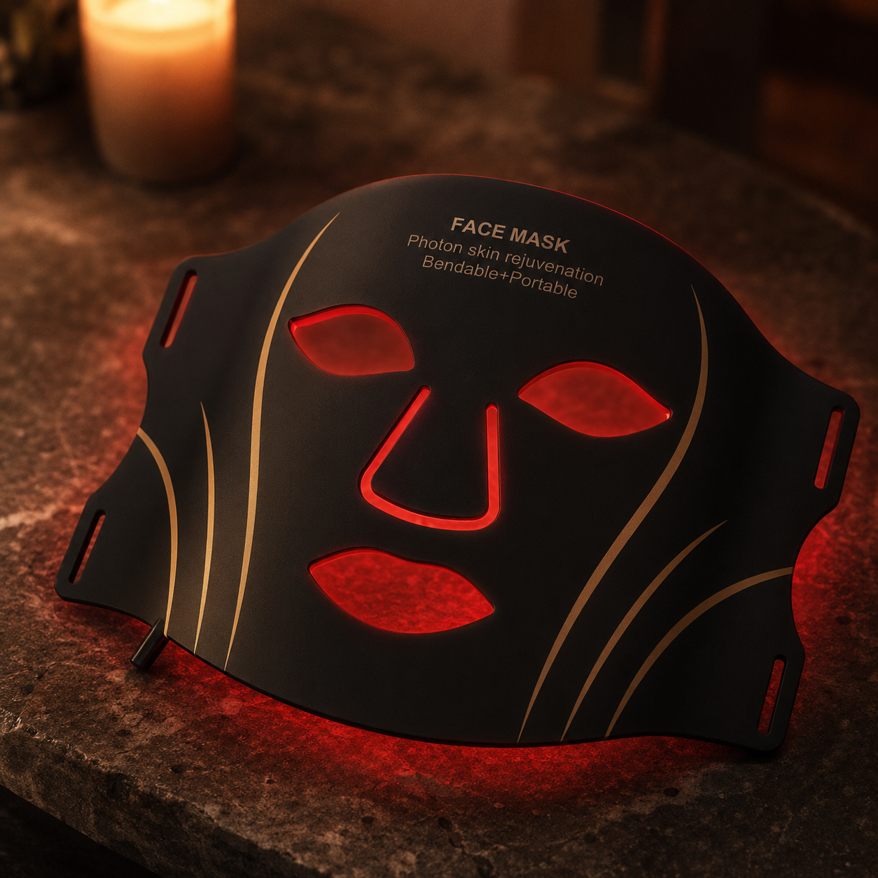 Sundipt Glow Mask with red LED lights glowing — evening glow ritual close-up