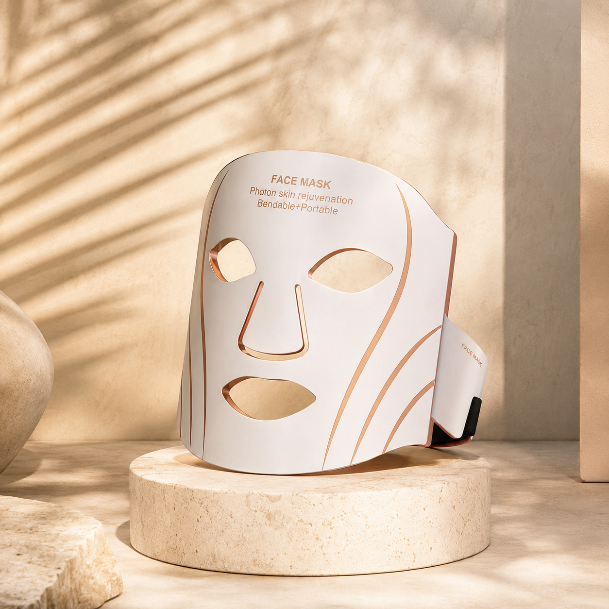 Sundipt Glow Mask Pro Touch-Screen Edition — white and rose gold LED mask on stone pedestal