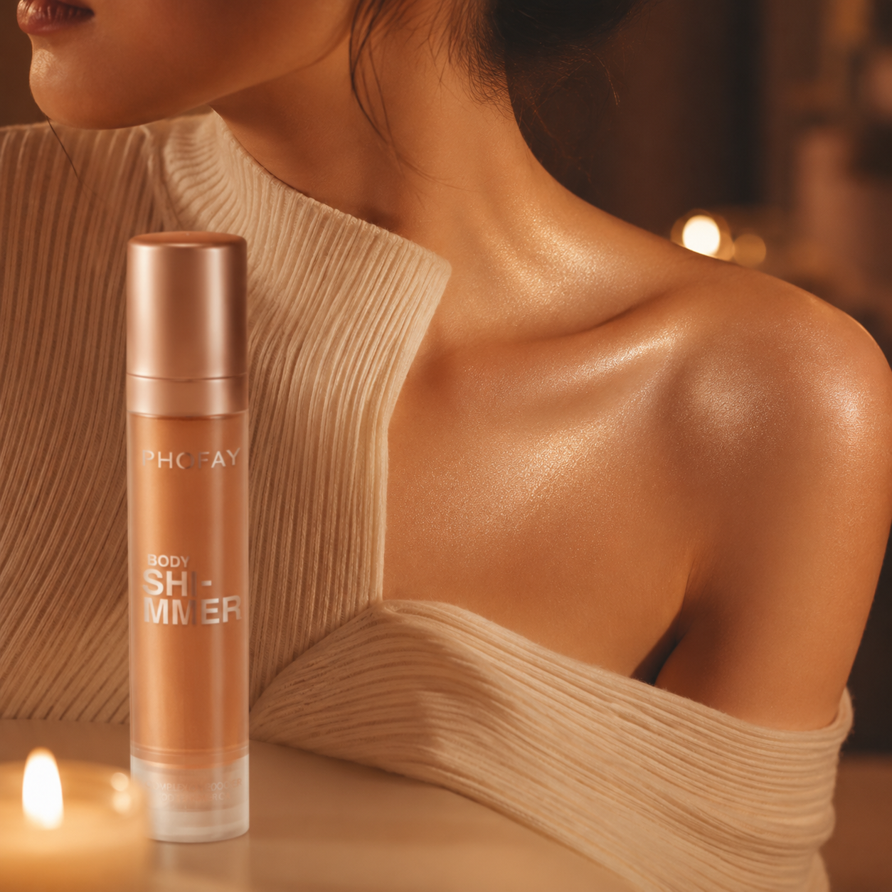Champagne shade — cool luminous champagne shimmer on collarbone in candlelight