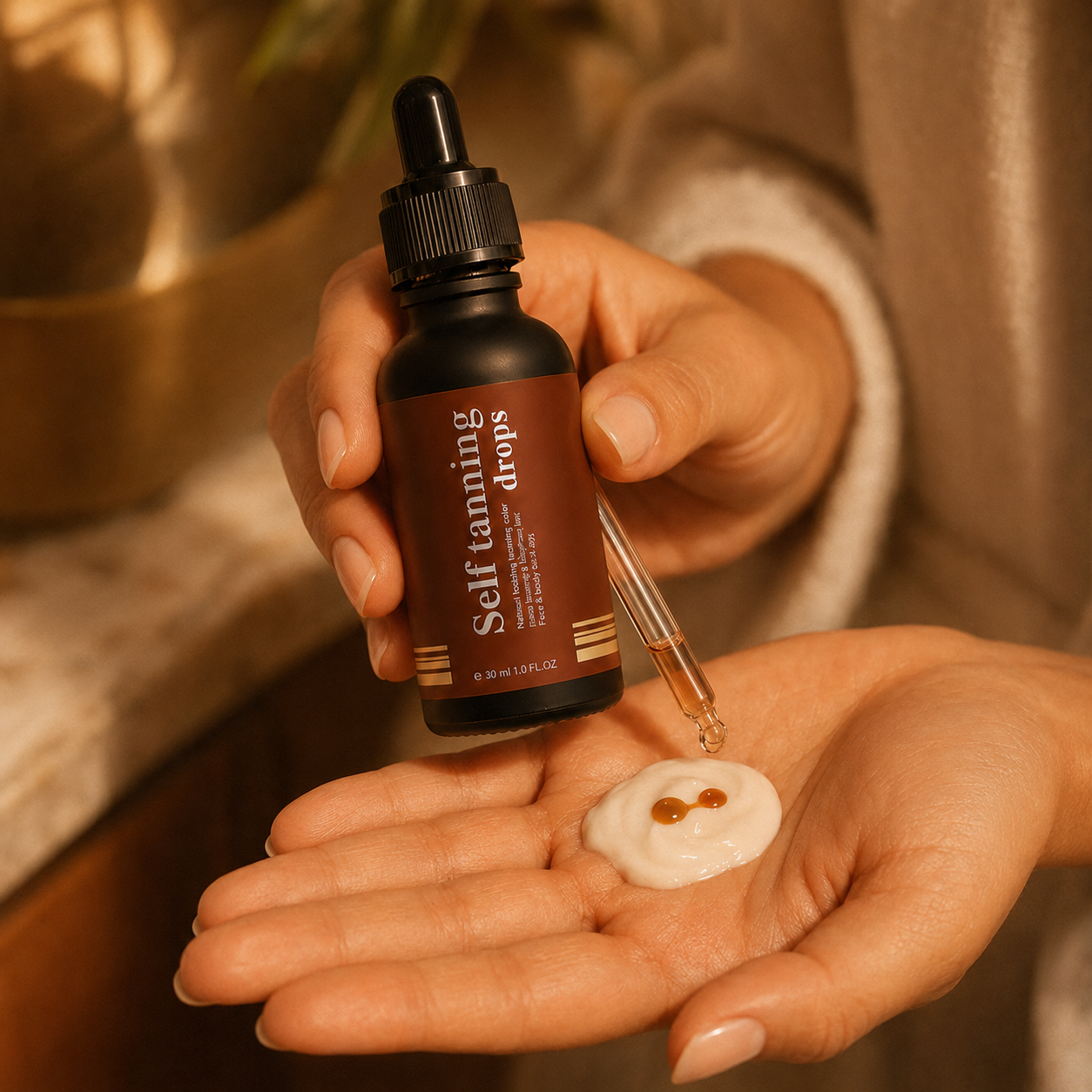 Two drops of Sundipt self-tanner swirled into moisturizer in an open palm — you control the shade