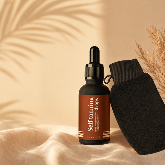 Sundipt Starter Kit — Self-Tan Drops and Tan Prep Mitt together on warm cream linen
