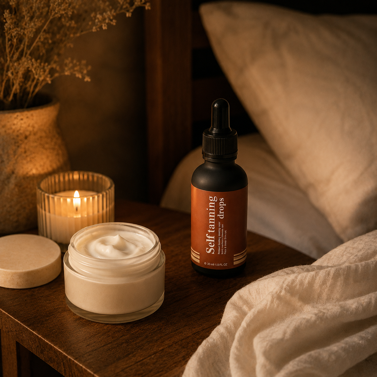 Sundipt Self-Tan Drops on a warm nightstand beside moisturizer and candle — apply, sleep, wake up glowing