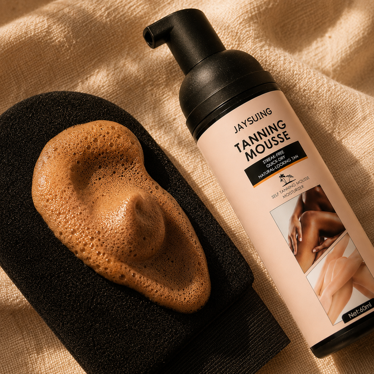 Sundipt Gradual Tan Mousse — airy caramel foam dispensed on the Tan Prep Mitt, texture close-up