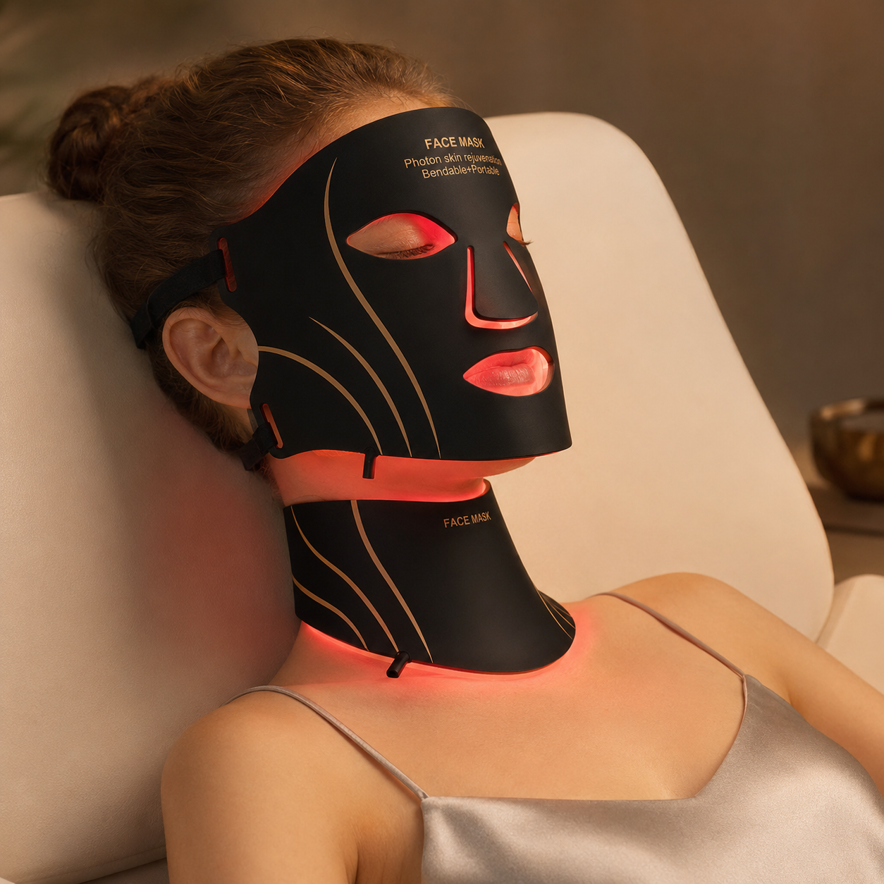 Face + Neck Scarf — both black-gold LED pieces worn with red light glowing, covering face, neck and décolleté