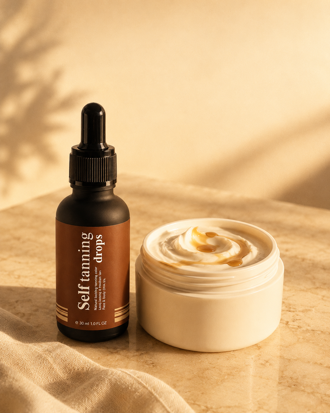 Golden self-tan drops swirled into your own moisturizer — 2 to 4 drops is all it takes