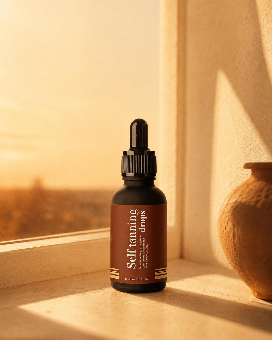 Sundipt Self-Tan Drops on a sunlit windowsill at golden hour — the glow, minus the sun